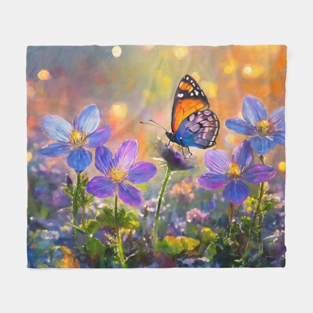 Tiny Butterfly On Wildflowers at Sunrise Fleece Blanket (Front (Horizontal))