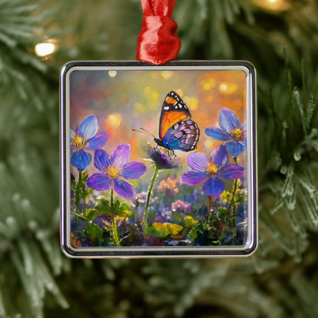 Tiny Butterfly On Wildflowers at Sunrise Metal Tree Decoration (Tree)