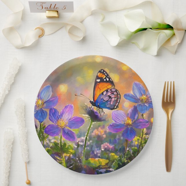 Tiny Butterfly On Wildflowers at Sunrise Paper Plate (Wedding)