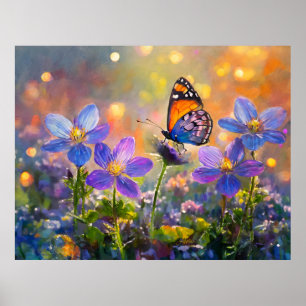 Tiny Butterfly On Wildflowers at Sunrise Poster
