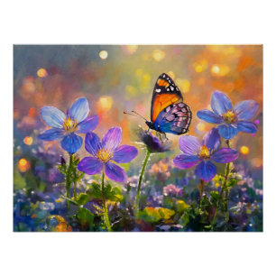 Tiny Butterfly On Wildflowers at Sunrise Poster