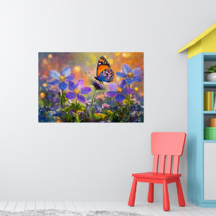 Tiny Butterfly On Wildflowers at Sunrise Poster