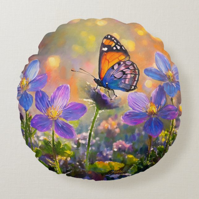 Tiny Butterfly On Wildflowers at Sunrise Round Cushion (Front)