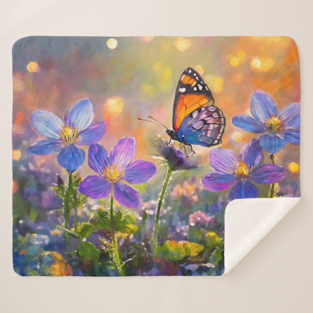 Tiny Butterfly On Wildflowers at Sunrise Sherpa Blanket (Front (Horizontal))