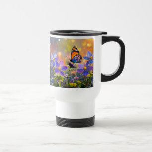 Tiny Butterfly On Wildflowers at Sunrise Travel Mug