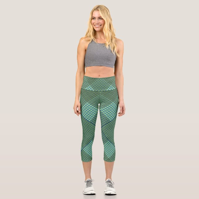 Tiny chequered 2 tones 04A LBlue BG Capri Leggings (Front)