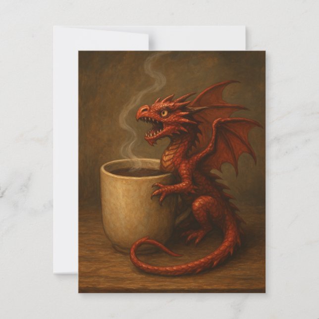 Tiny coffee dragon hugging a mug fun fantasy art card (Front)