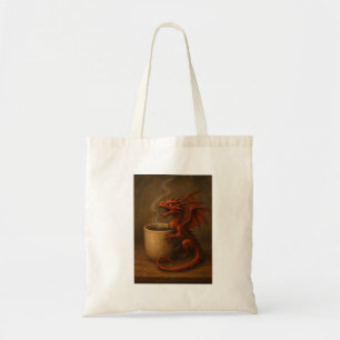 Tiny coffee dragon hugging a mug fun fantasy art tote bag