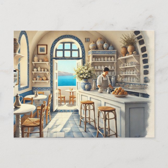 Tiny Coffeeshop in Santorini Postcard (Front)