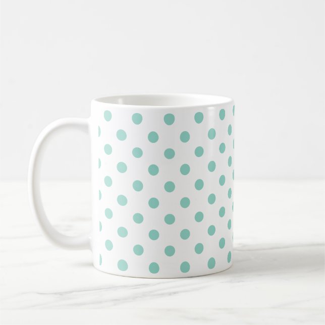 Tiny Cool Aqua Polka Dots on White Coffee Mug (Left)