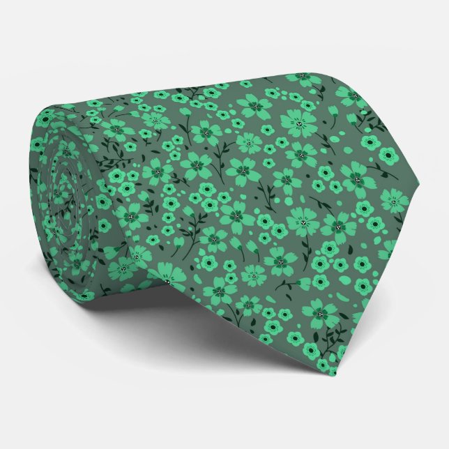 Tiny cute green floral pattern tie (Rolled)