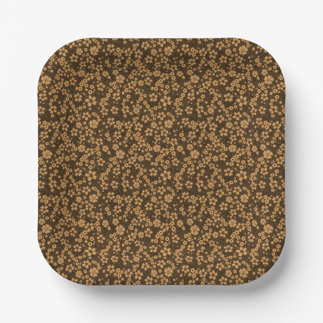 Tiny cute khaki brown black floral pattern paper plate (Front)