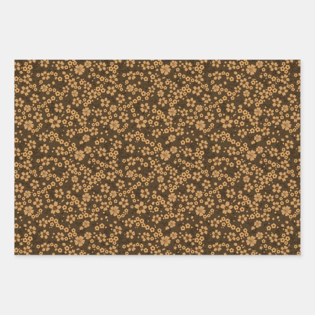 Tiny cute khaki brown black floral pattern wrapping paper sheet (Front)