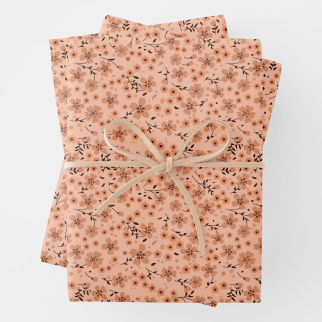 Tiny cute pink red brown cream pattern wrapping paper sheet (In situ)