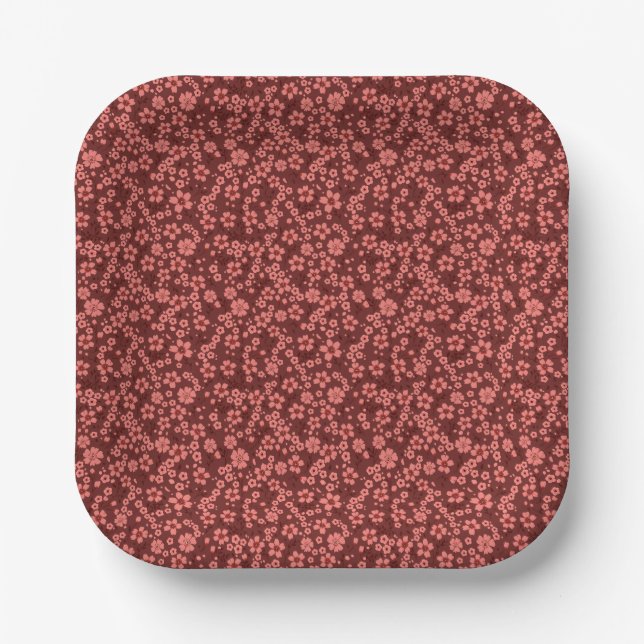 Tiny cute red magenta cream floral pattern paper plate (Front)