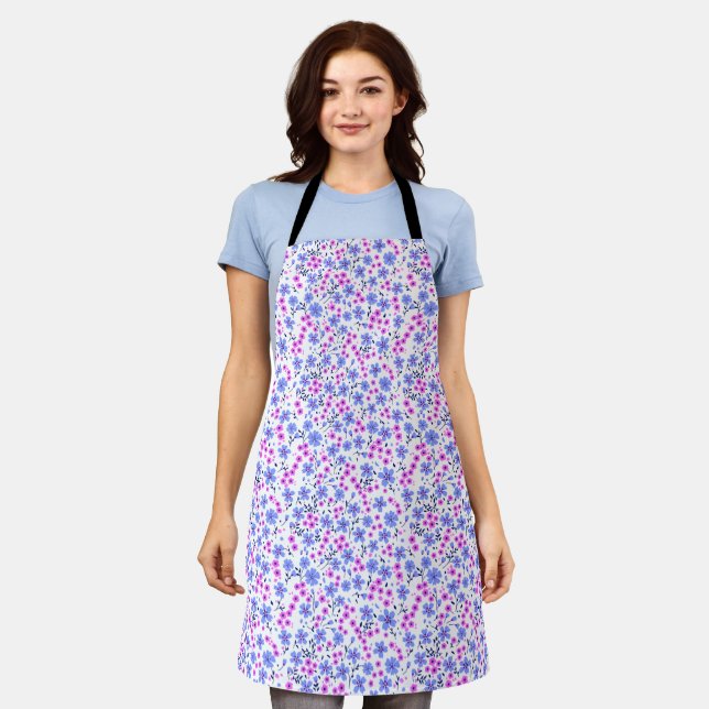 Tiny cute white blue pink floral pattern apron (Worn)