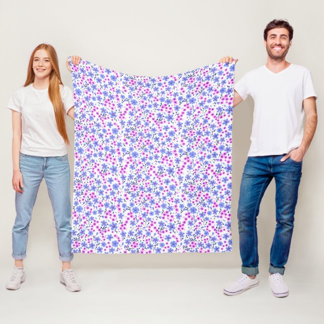Tiny cute white blue pink floral pattern fleece blanket (In Situ)