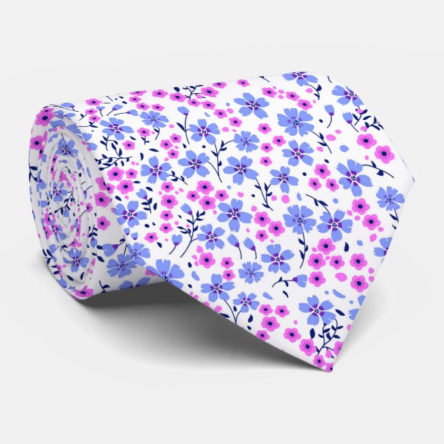 Tiny cute white blue pink floral pattern tie (Rolled)