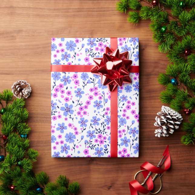Tiny cute white blue pink floral pattern wrapping paper (Holiday Gift)