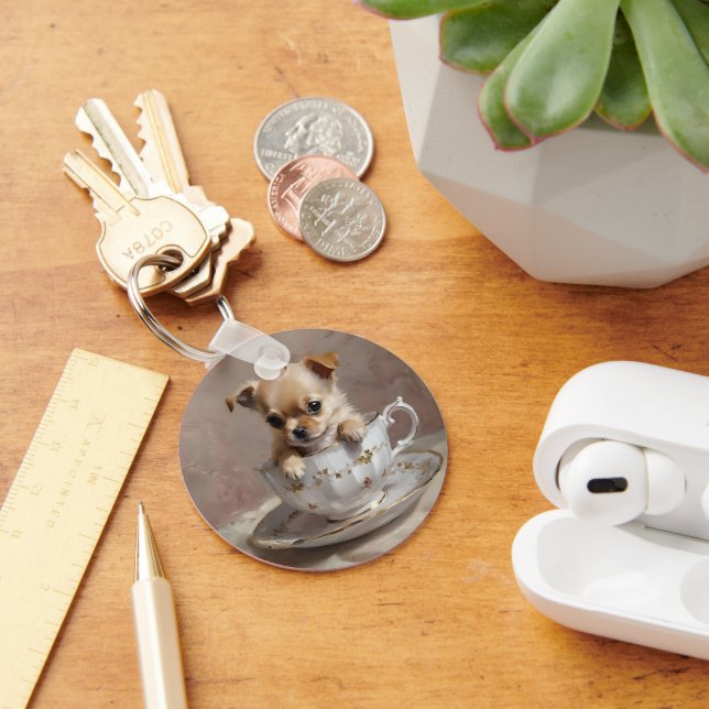 Tiny Delight: Chihuahua Puppy in a Teacup,  Key Ring (Desk)