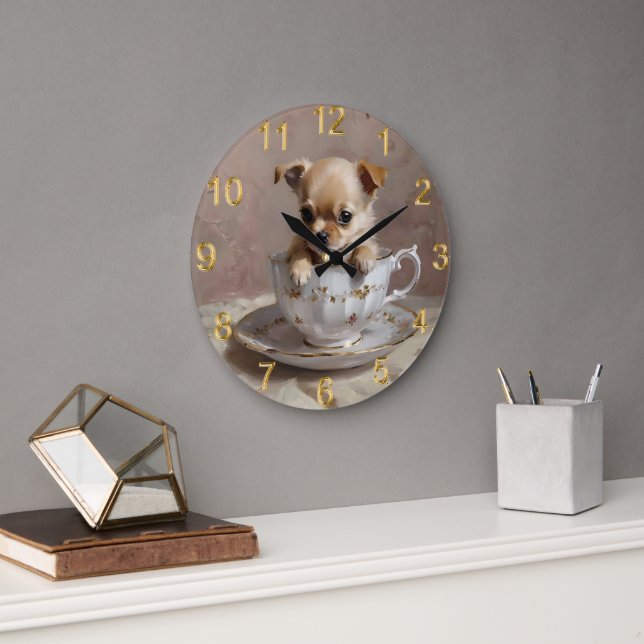 Tiny Delight: Chihuahua Puppy in a Teacup Large Clock (Office)