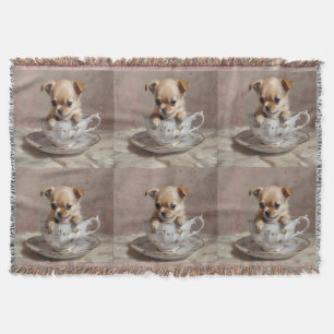Tiny Delight: Chihuahua Puppy in a Teacup Throw Blanket