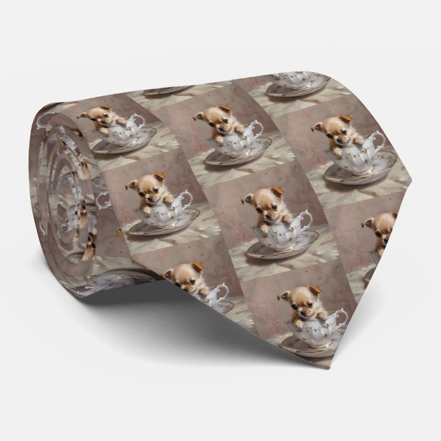 Tiny Delight: Chihuahua Puppy in a Teacup Tie (Rolled)