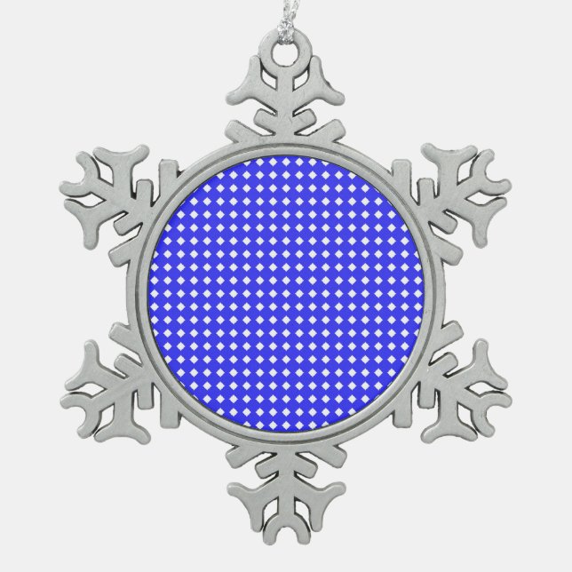 Tiny Diamonds Squares Pattern Cobalt Blue White Snowflake Pewter Christmas Ornament (Front)