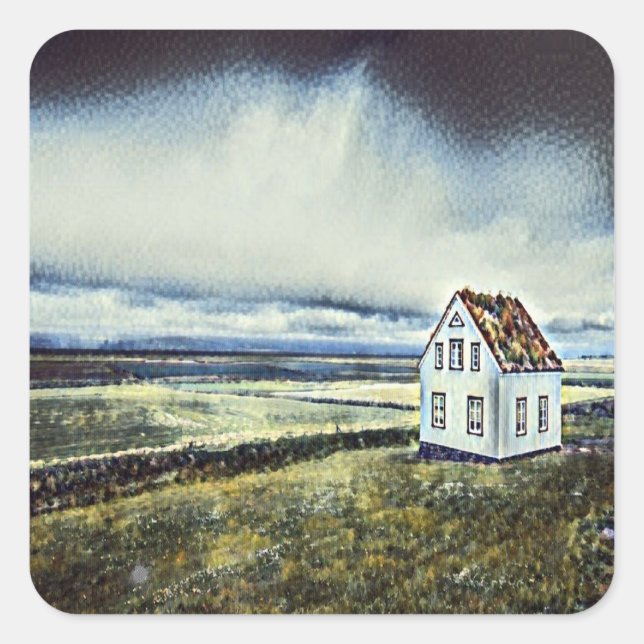 Tiny distant lonely house square sticker (Front)