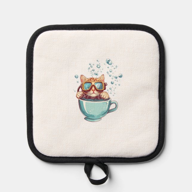 Tiny Diver Cat � Funny Scuba Kitty Tea Lover Pot Holder (Front)