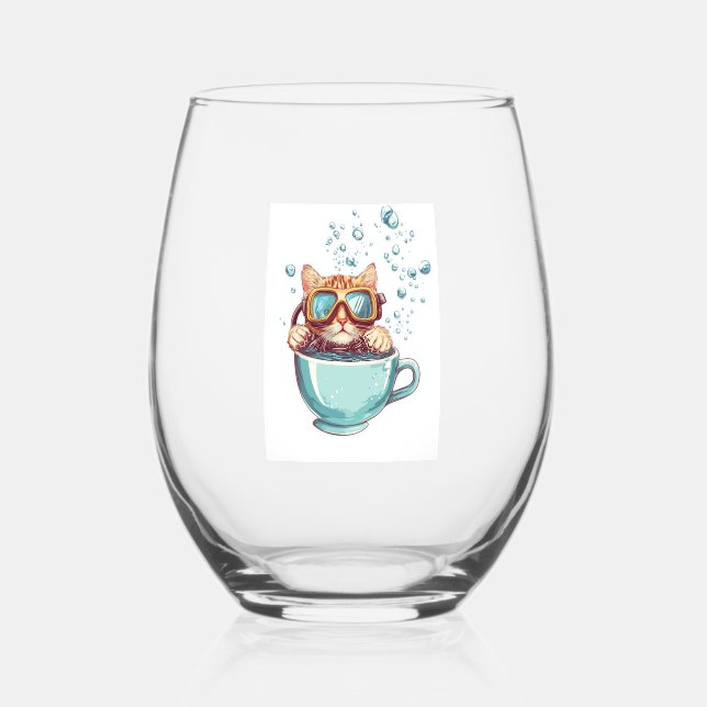 Tiny Diver Cat � Funny Scuba Kitty Tea Lover Stemless Wine Glass (Front)