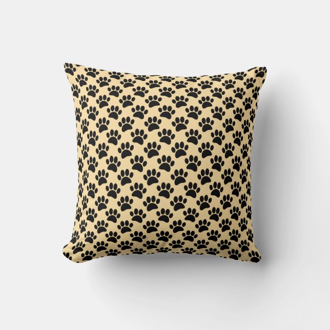 Tiny Dog Paw Print Pattern In Black and Beige Cushion (Front)
