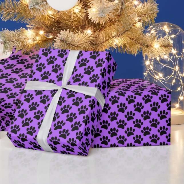 Tiny Dog Paw Print Pattern In Black and Purple Wrapping Paper (Holidays)