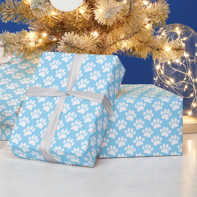 Tiny Dog Paw Print Pattern In White and Baby Blue Wrapping Paper (Holidays)