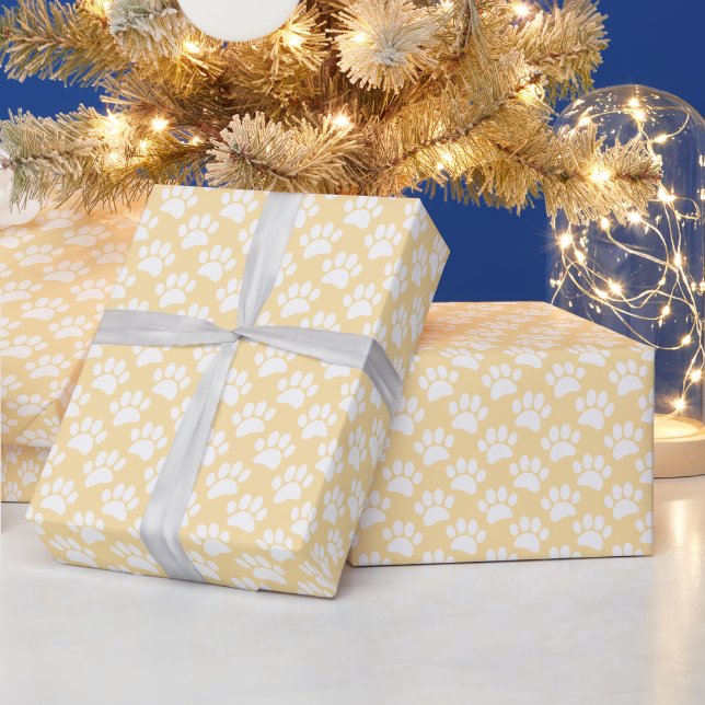 Tiny Dog Paw Print Pattern In White and Beige Wrapping Paper (Holidays)