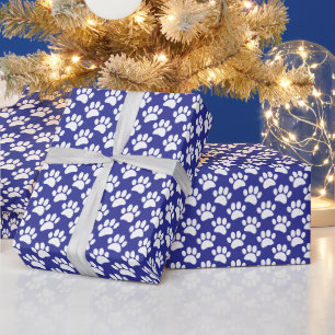 Tiny Dog Paw Print Pattern In White and Blue Wrapping Paper