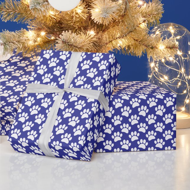 Tiny Dog Paw Print Pattern In White and Blue Wrapping Paper (Holidays)