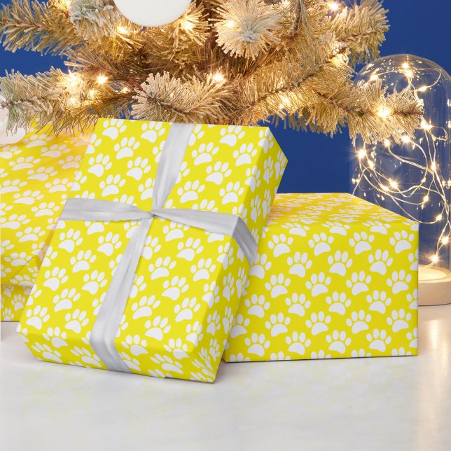 Tiny Dog Paw Print Pattern In White and Yellow Wrapping Paper (Holidays)
