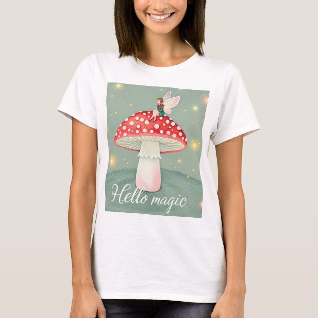 Tiny fairy perched on top of mushroom and glowing  (Front)
