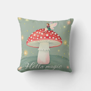 Tiny fairy perched on top of mushroom and glowing cushion