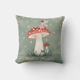 Tiny fairy perched on top of mushroom and glowing  cushion
