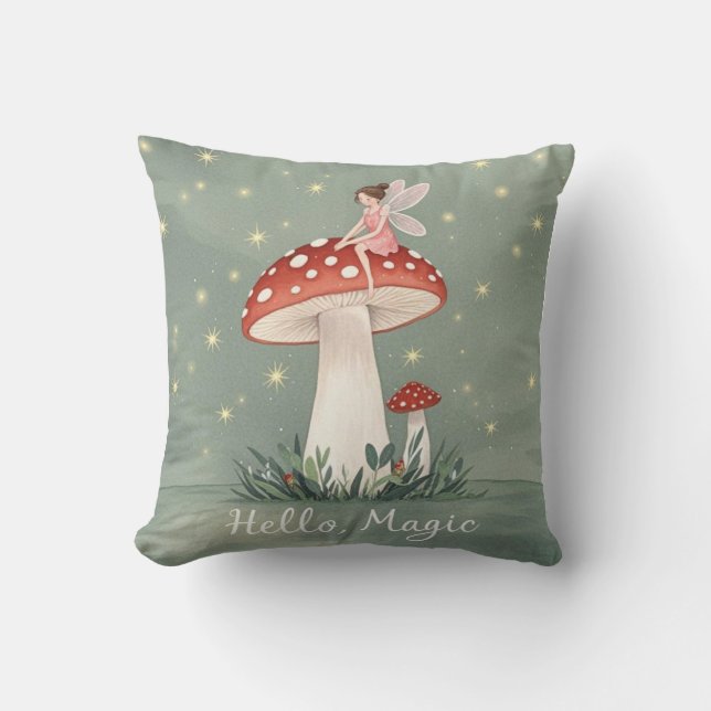 Tiny fairy perched on top of mushroom and glowing  cushion (Front)