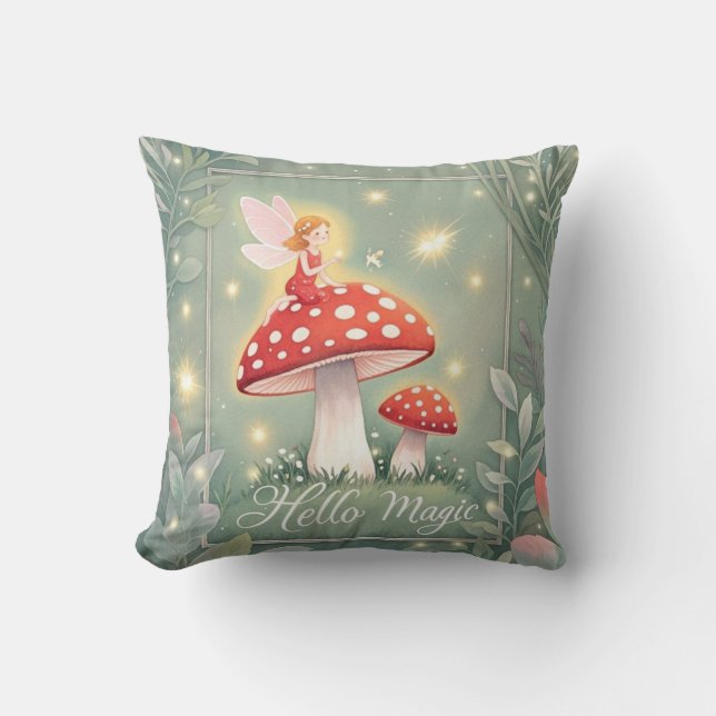Tiny fairy perched on top of mushroom and glowing  cushion (Front)