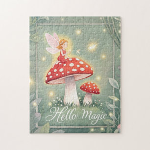Tiny fairy perched on top of mushroom and glowing jigsaw puzzle