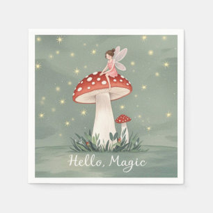 Tiny fairy perched on top of mushroom and glowing napkin