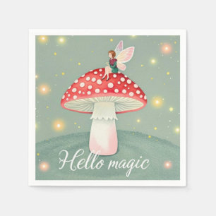 Tiny fairy perched on top of mushroom and glowing  napkin