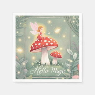 Tiny fairy perched on top of mushroom and glowing napkin