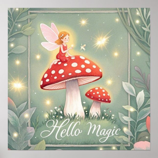 Tiny fairy perched on top of mushroom and glowing  poster (Front)