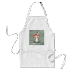 Tiny fairy perched on top of mushroom and glowing standard apron