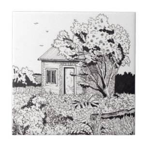 Tiny Farmhouse Botanical Garden Pen Ink Drawing Tile